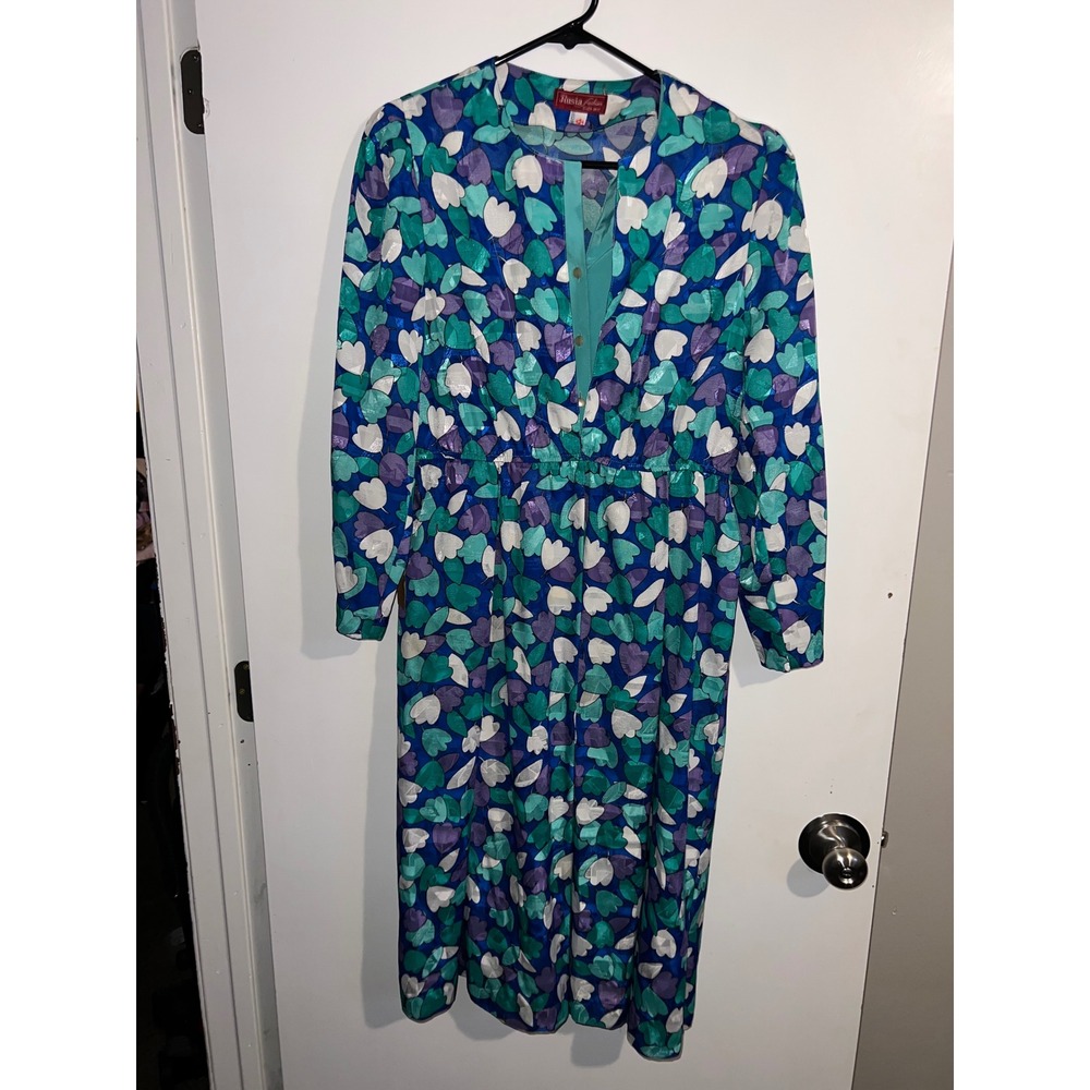 Rusia Fashion Women Blue Purple Green Floral Heart Print Long Sleeve Midi Dress